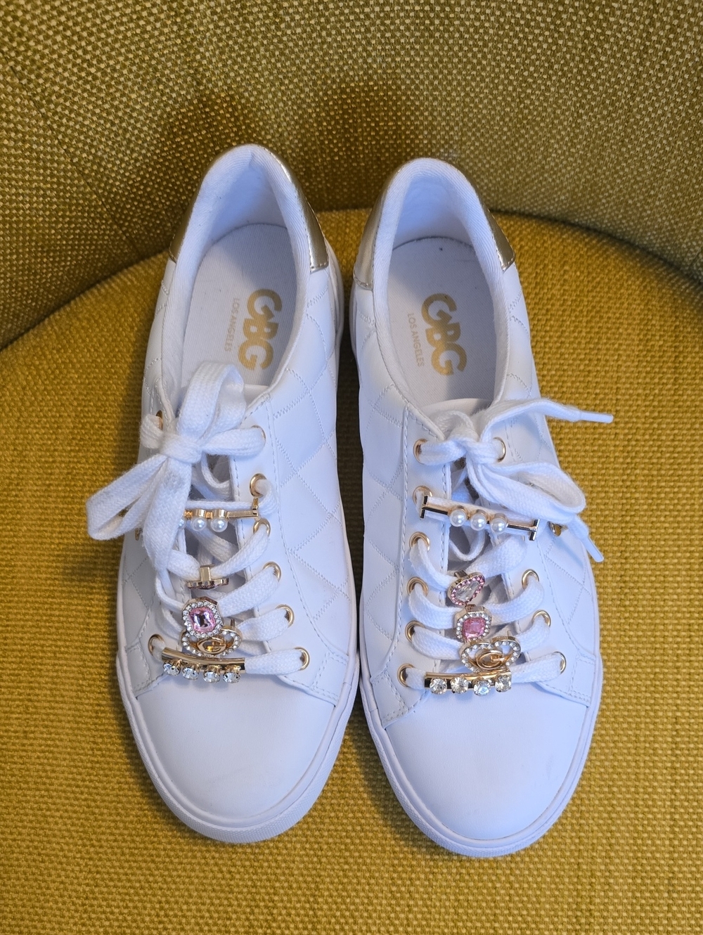 GBG Los Angeles White Quilted Sneakers with Gold and Pink Jewels